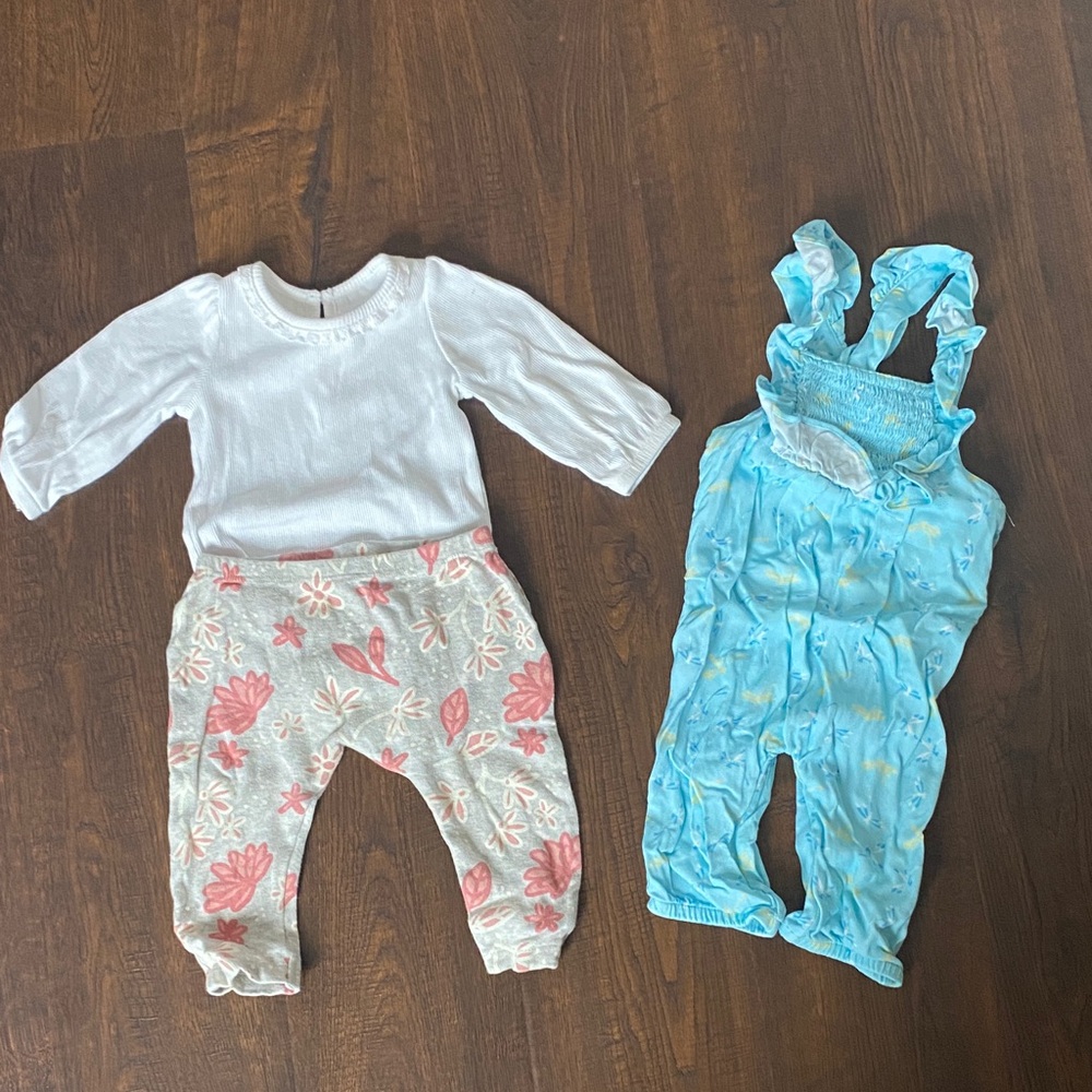 Lullaby Lane Baby Two-Piece Outfit Set - White Top & Light Blue Floral Overalls